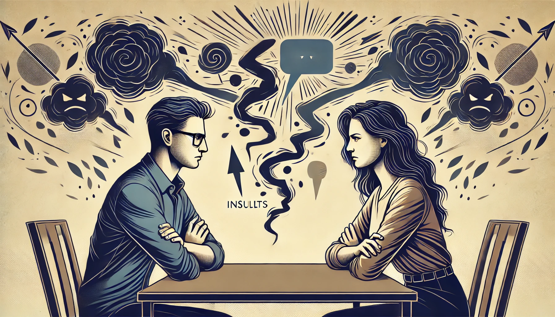 Illustration: A man and women look at each other